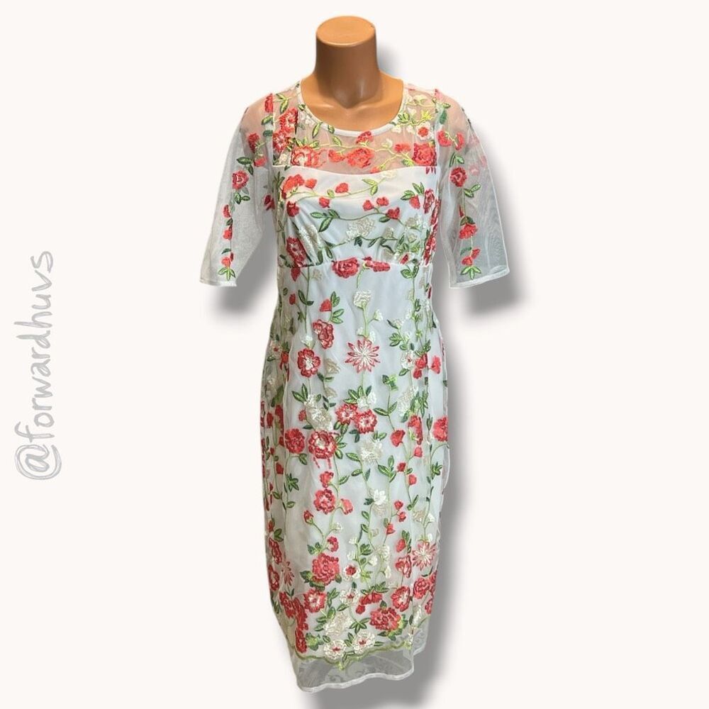 Chris McLaughlin Floral Embroidered Mesh Sheath Dress – Size 8